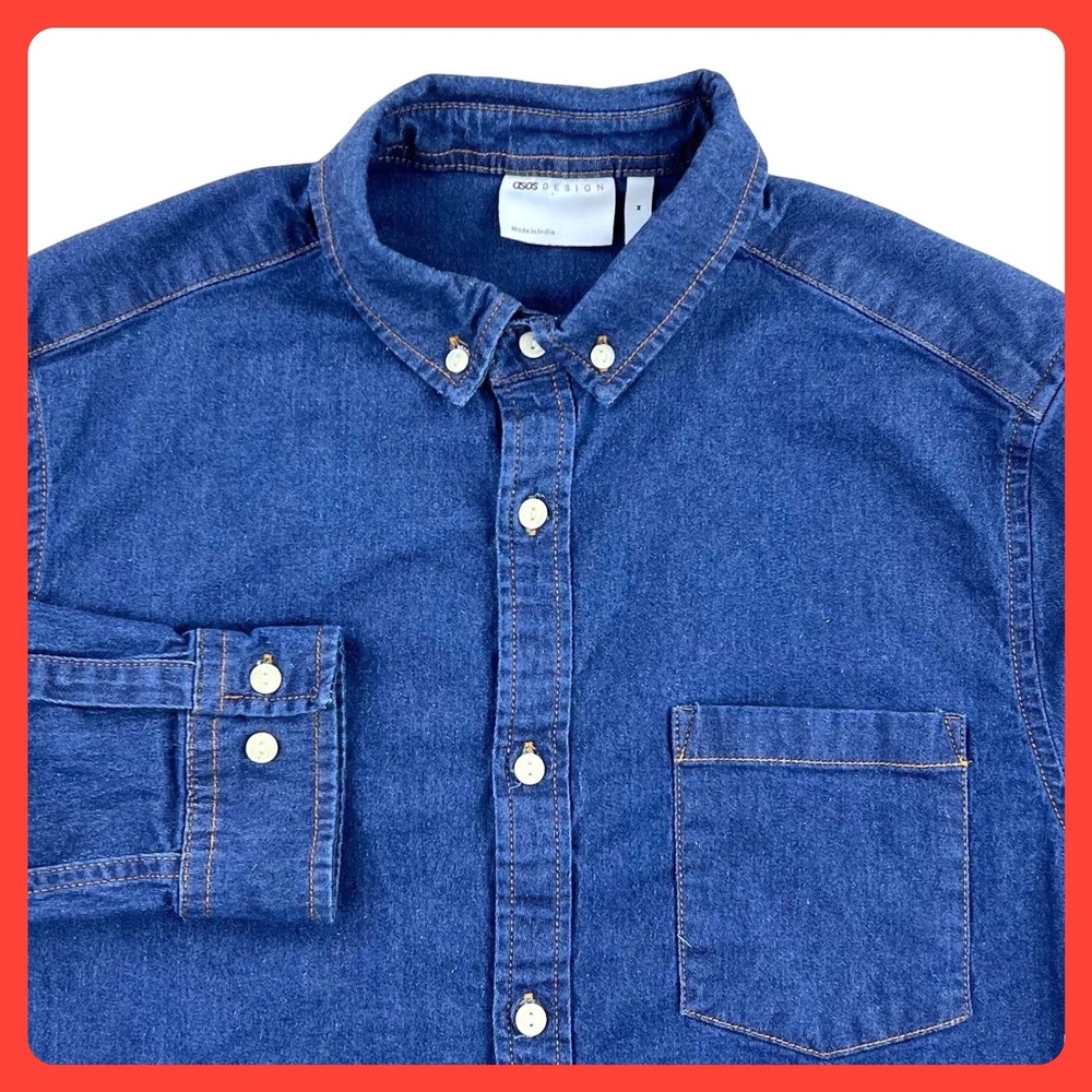 Asos Denim Shirt Men's MEDIUM Blue Cotton‎ Stretch Long Sleeve Pocket